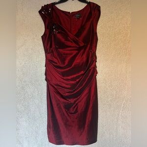 dressbarn Red Satin Ruched Midi Dress